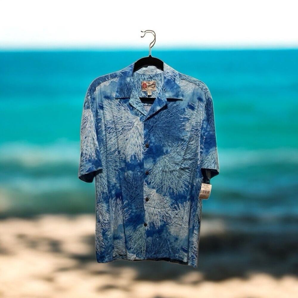 Hilo Hattie Aloha Shirt Mens S Coral Print Blue White‎ Rayon Hawaiian Beach NWT